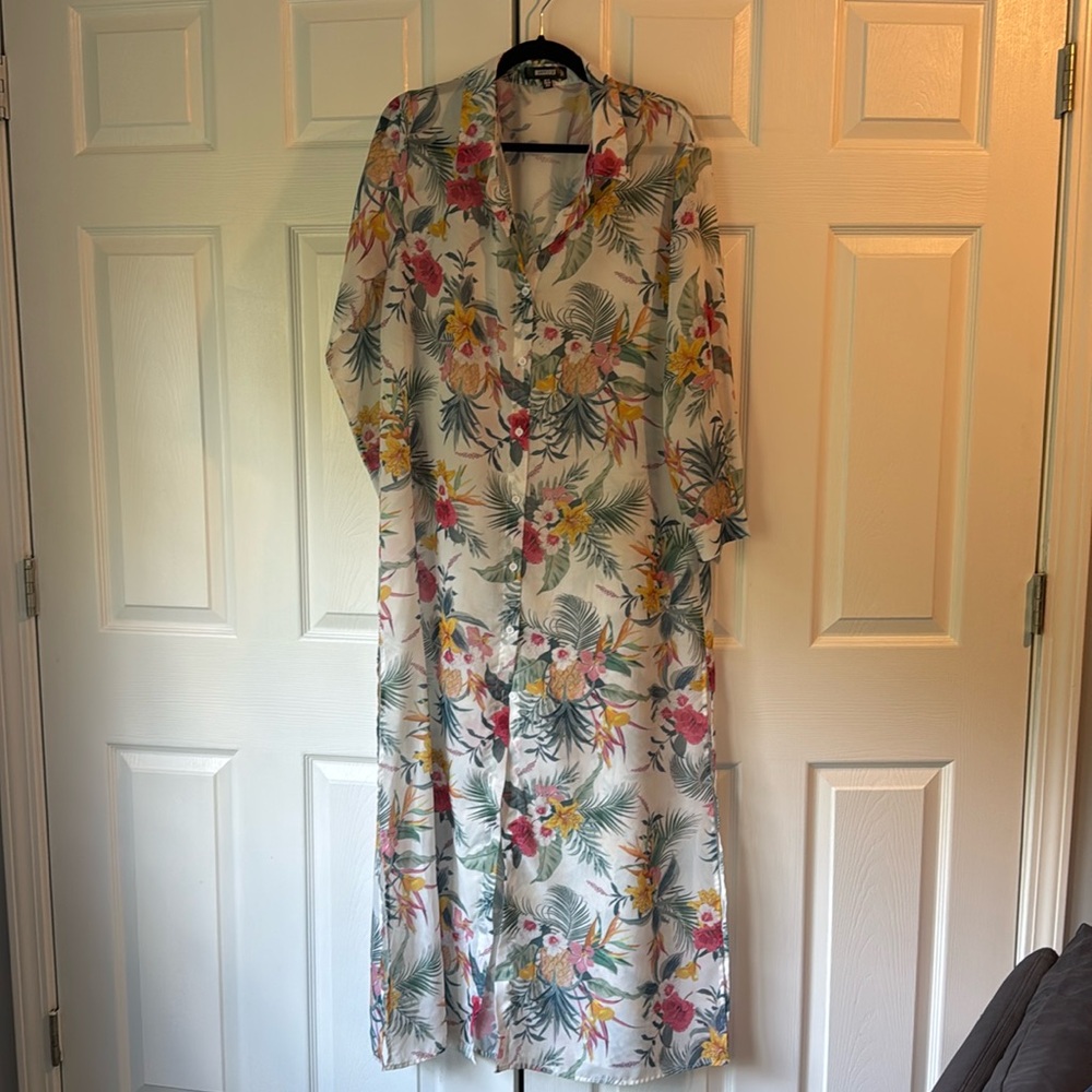 Semi Sheer Tropical Button Maxi Dress Coverup